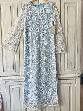 🟠NWT JUST ME Boho Embroidery and Crochet Midi Dress in Light Blue SMALL